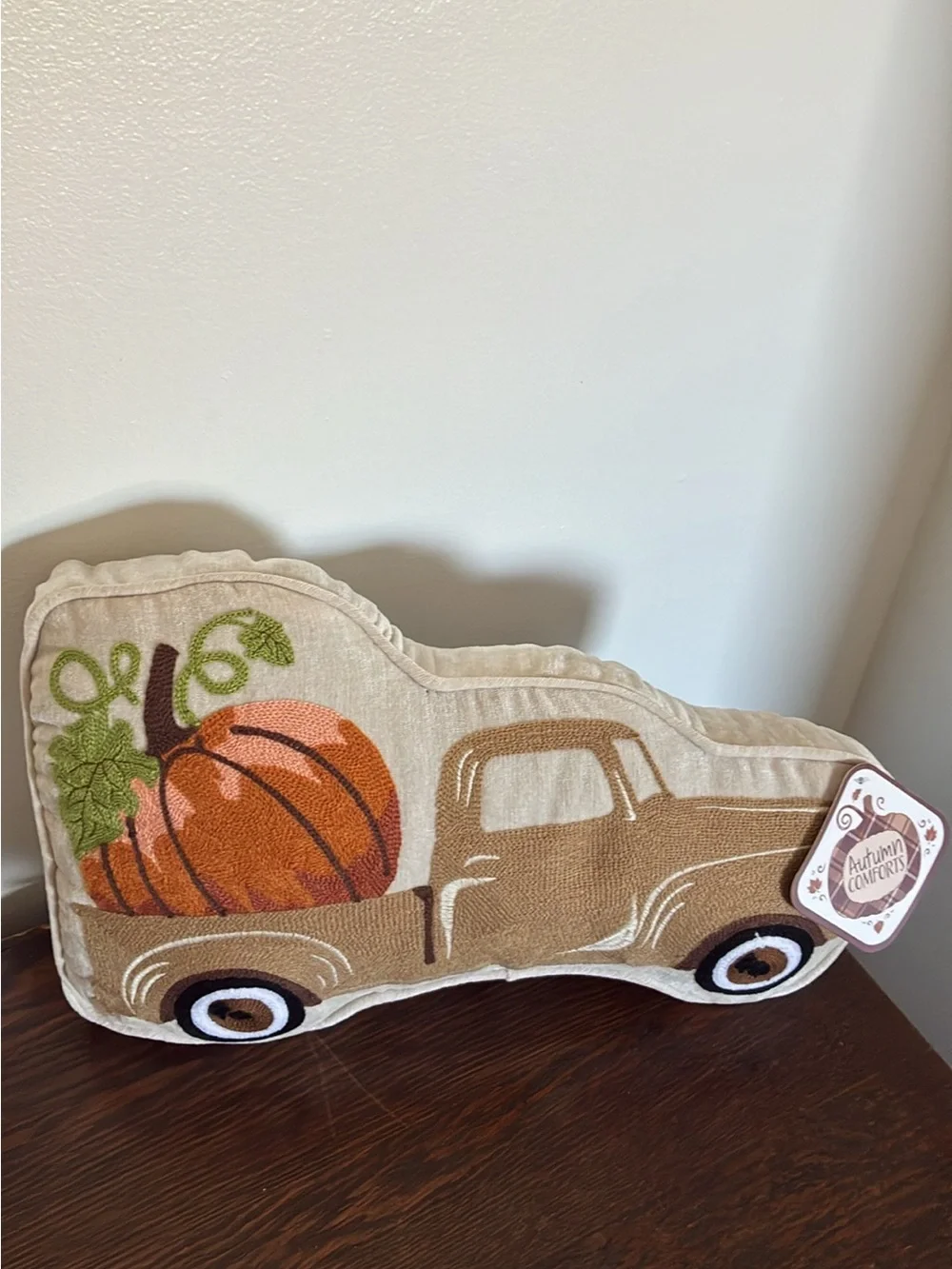 NWT 11x17- Super Soft- Embroidered-Tan Farm Truck w/ Pumpkin Decorative Pillow